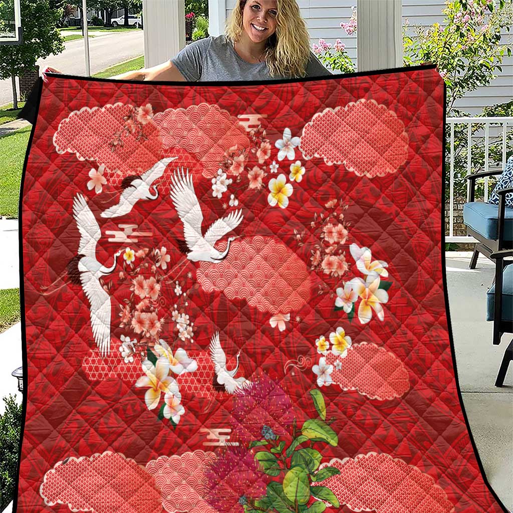 Hawaiian and Japanese Culture Together Quilt Red Ohia Lehua Plumeria and Sakura Blooming LT03 Red - Polynesian Pride