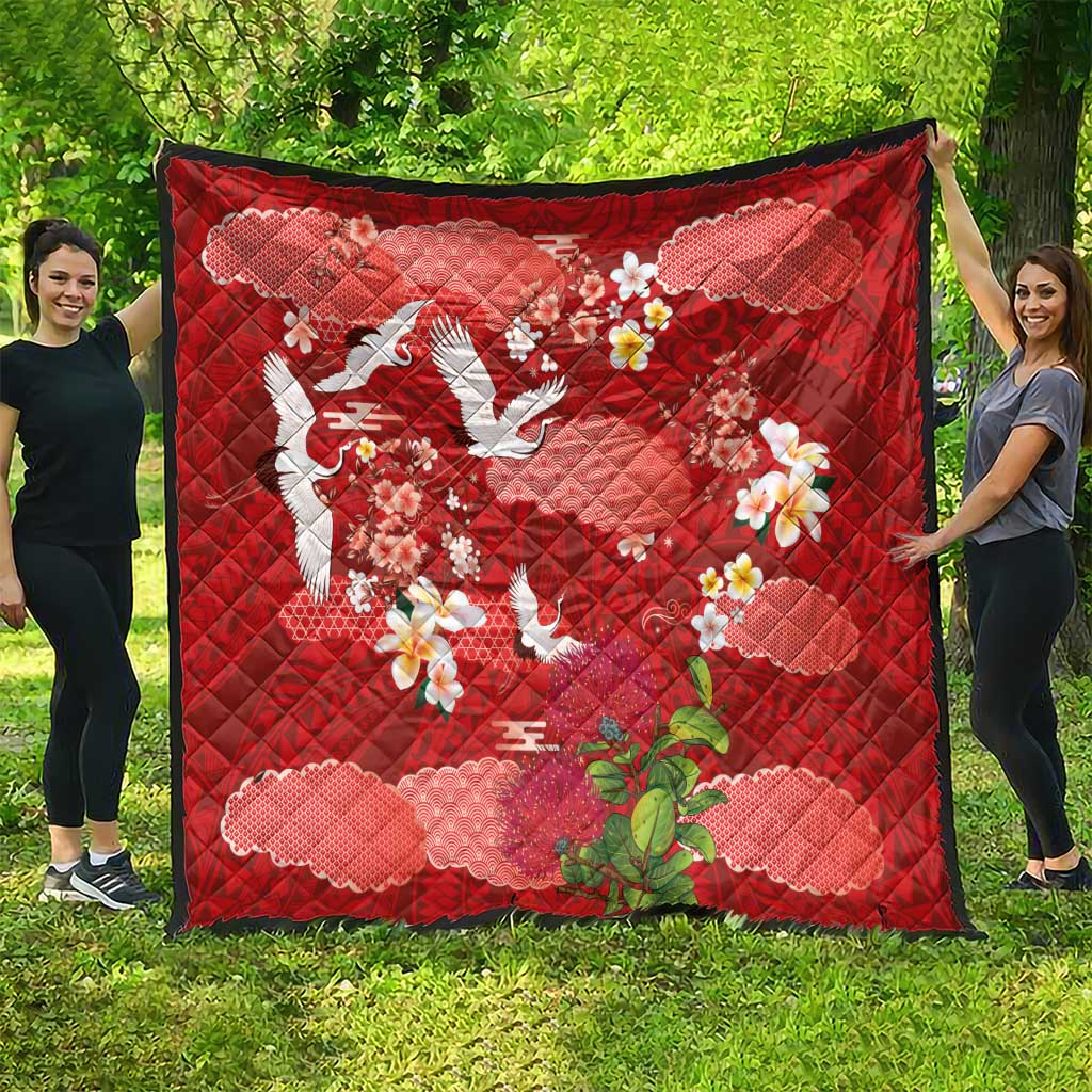 Hawaiian and Japanese Culture Together Quilt Red Ohia Lehua Plumeria and Sakura Blooming LT03 - Polynesian Pride