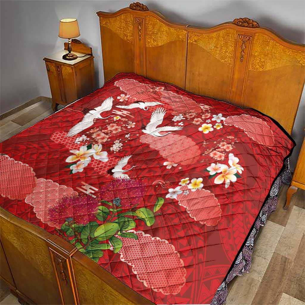 Hawaiian and Japanese Culture Together Quilt Red Ohia Lehua Plumeria and Sakura Blooming LT03 - Polynesian Pride