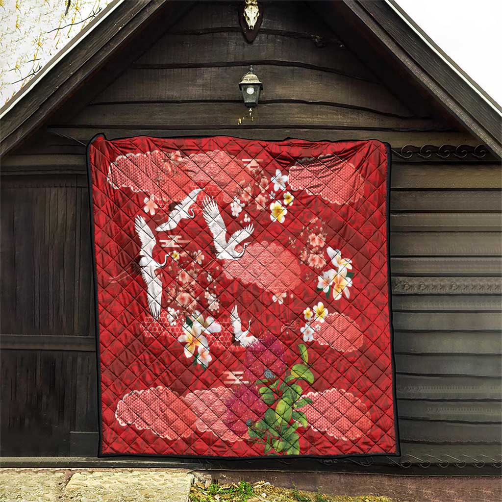 Hawaiian and Japanese Culture Together Quilt Red Ohia Lehua Plumeria and Sakura Blooming LT03 - Polynesian Pride
