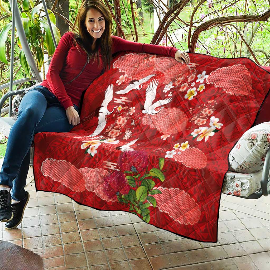 Hawaiian and Japanese Culture Together Quilt Red Ohia Lehua Plumeria and Sakura Blooming LT03 - Polynesian Pride