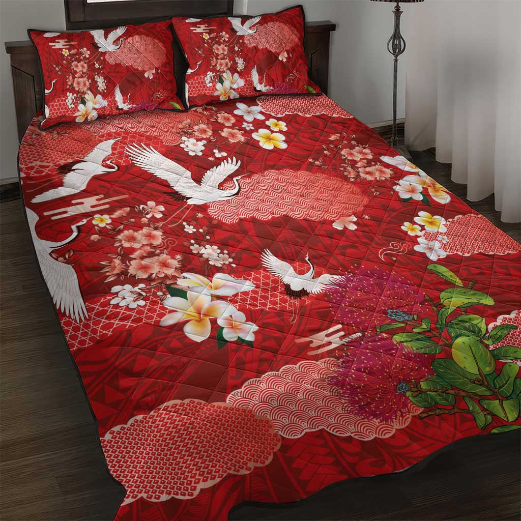 Hawaiian and Japanese Culture Together Quilt Bed Set Red Ohia Lehua Plumeria and Sakura Blooming LT03 Red - Polynesian Pride