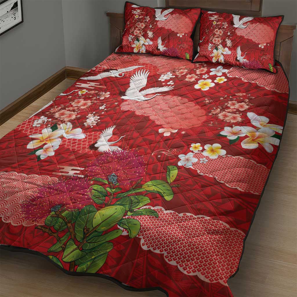 Hawaiian and Japanese Culture Together Quilt Bed Set Red Ohia Lehua Plumeria and Sakura Blooming LT03 - Polynesian Pride