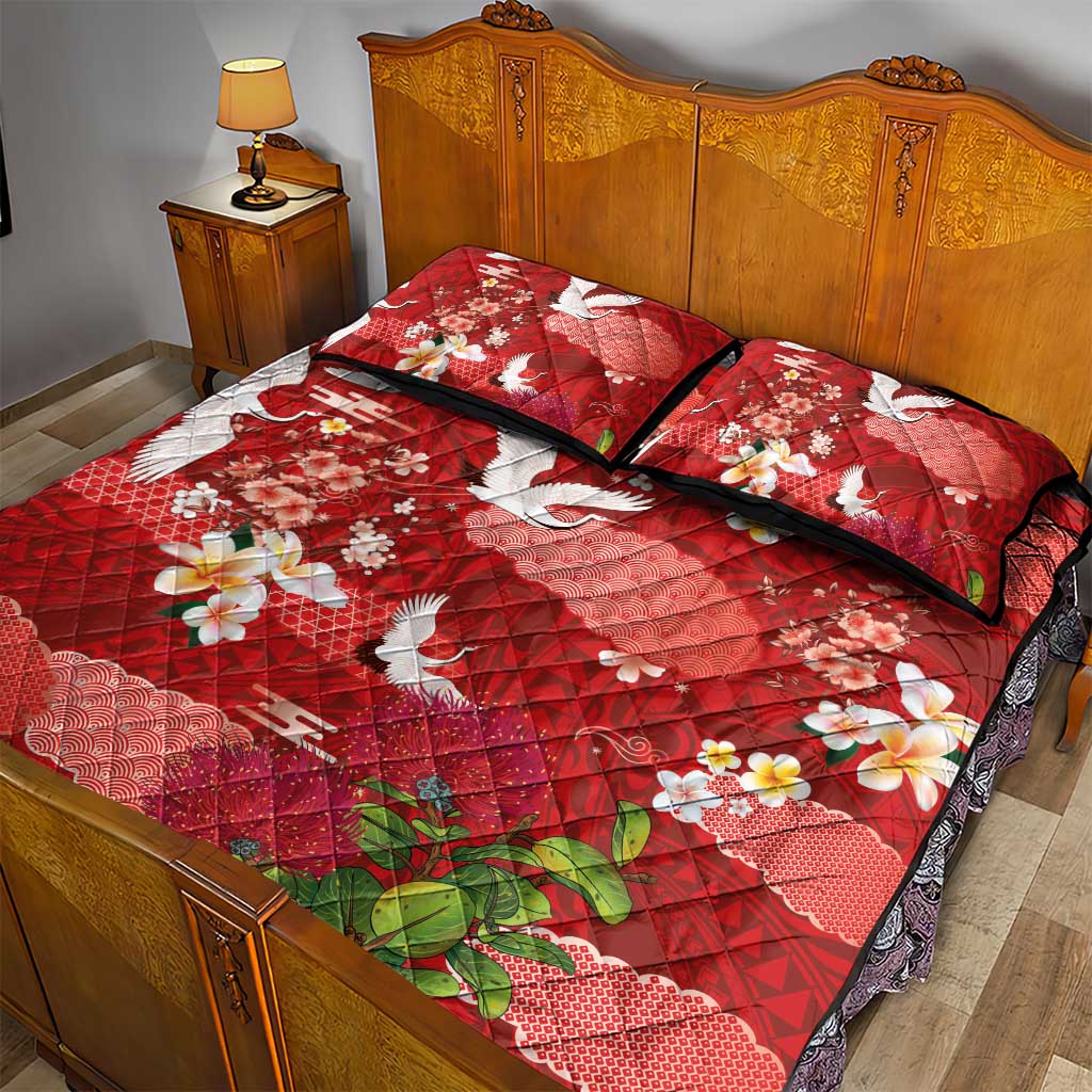 Hawaiian and Japanese Culture Together Quilt Bed Set Red Ohia Lehua Plumeria and Sakura Blooming LT03 - Polynesian Pride