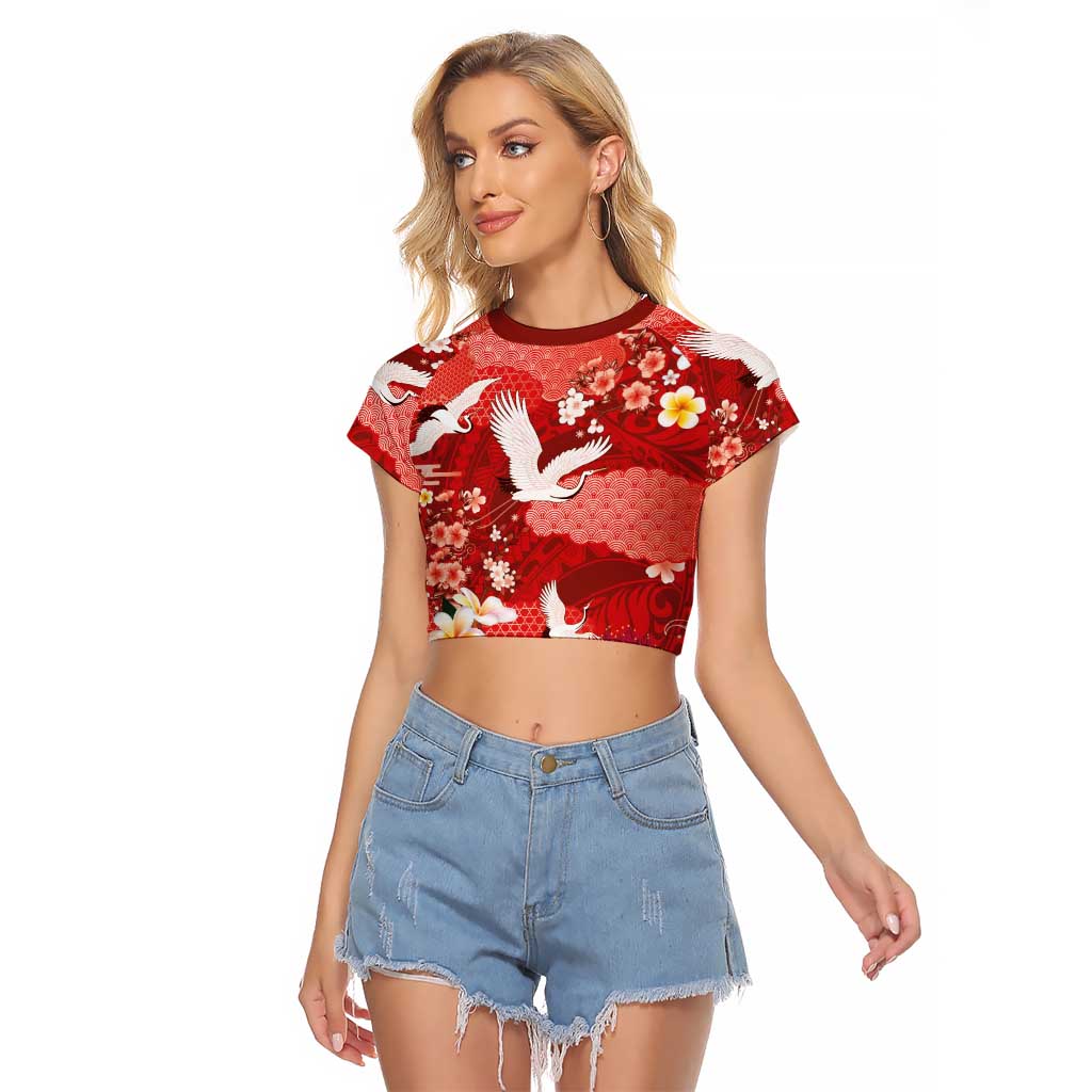 Hawaiian and Japanese Culture Together Raglan Cropped T Shirt Red Ohia Lehua Plumeria and Sakura Blooming LT03 Female Red - Polynesian Pride