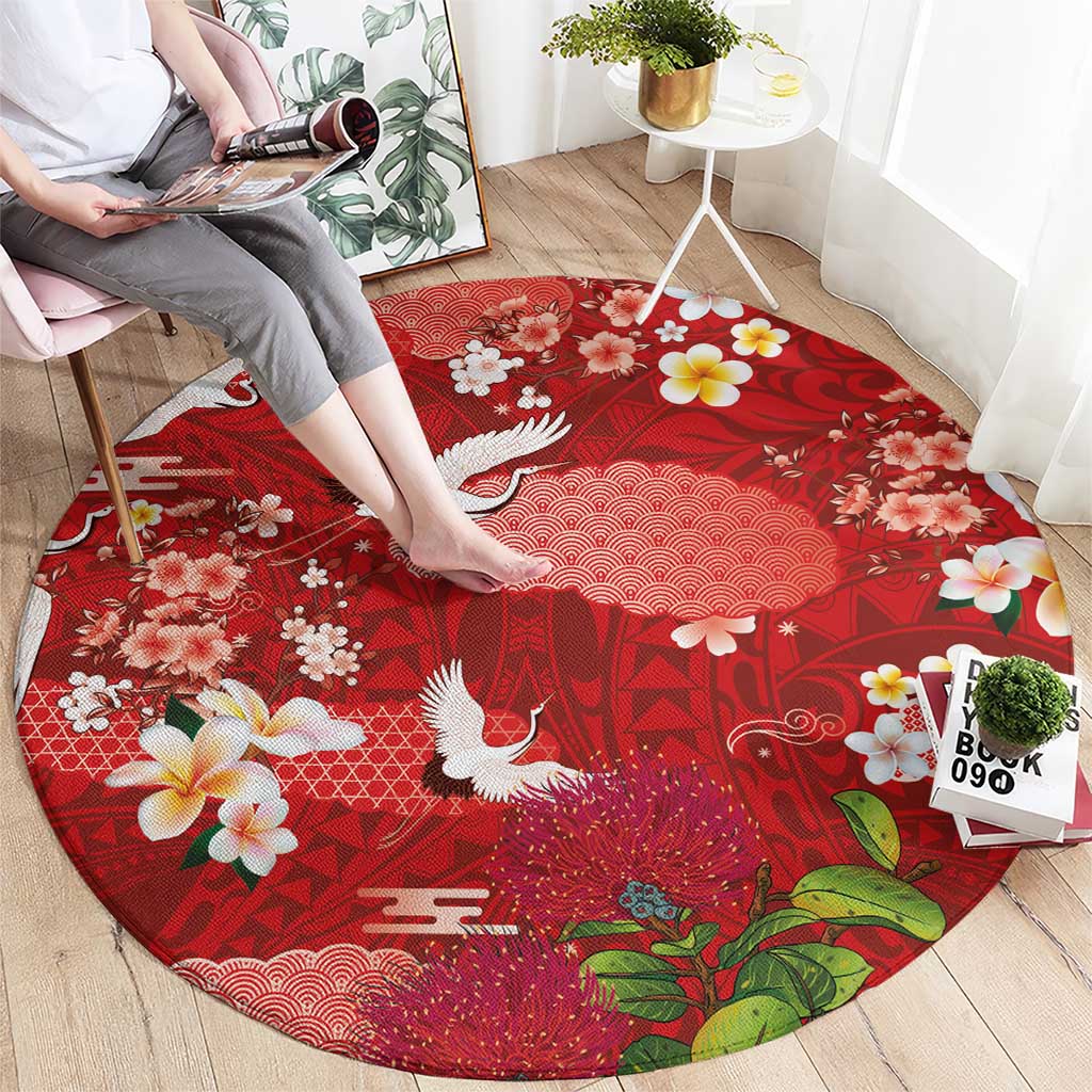 Hawaiian and Japanese Culture Together Round Carpet Red Ohia Lehua Plumeria and Sakura Blooming LT03 - Polynesian Pride