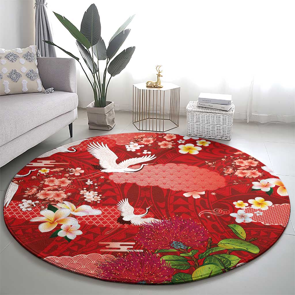 Hawaiian and Japanese Culture Together Round Carpet Red Ohia Lehua Plumeria and Sakura Blooming LT03 - Polynesian Pride