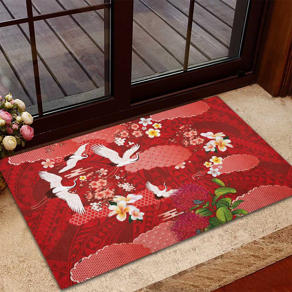 Hawaiian and Japanese Culture Together Rubber Doormat Red Ohia Lehua Plumeria and Sakura Blooming LT03 - Polynesian Pride