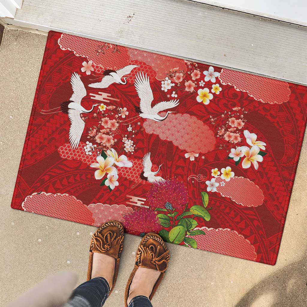 Hawaiian and Japanese Culture Together Rubber Doormat Red Ohia Lehua Plumeria and Sakura Blooming LT03 - Polynesian Pride