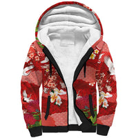 Hawaiian and Japanese Culture Together Sherpa Hoodie Red Ohia Lehua Plumeria and Sakura Blooming LT03 Unisex Red - Polynesian Pride