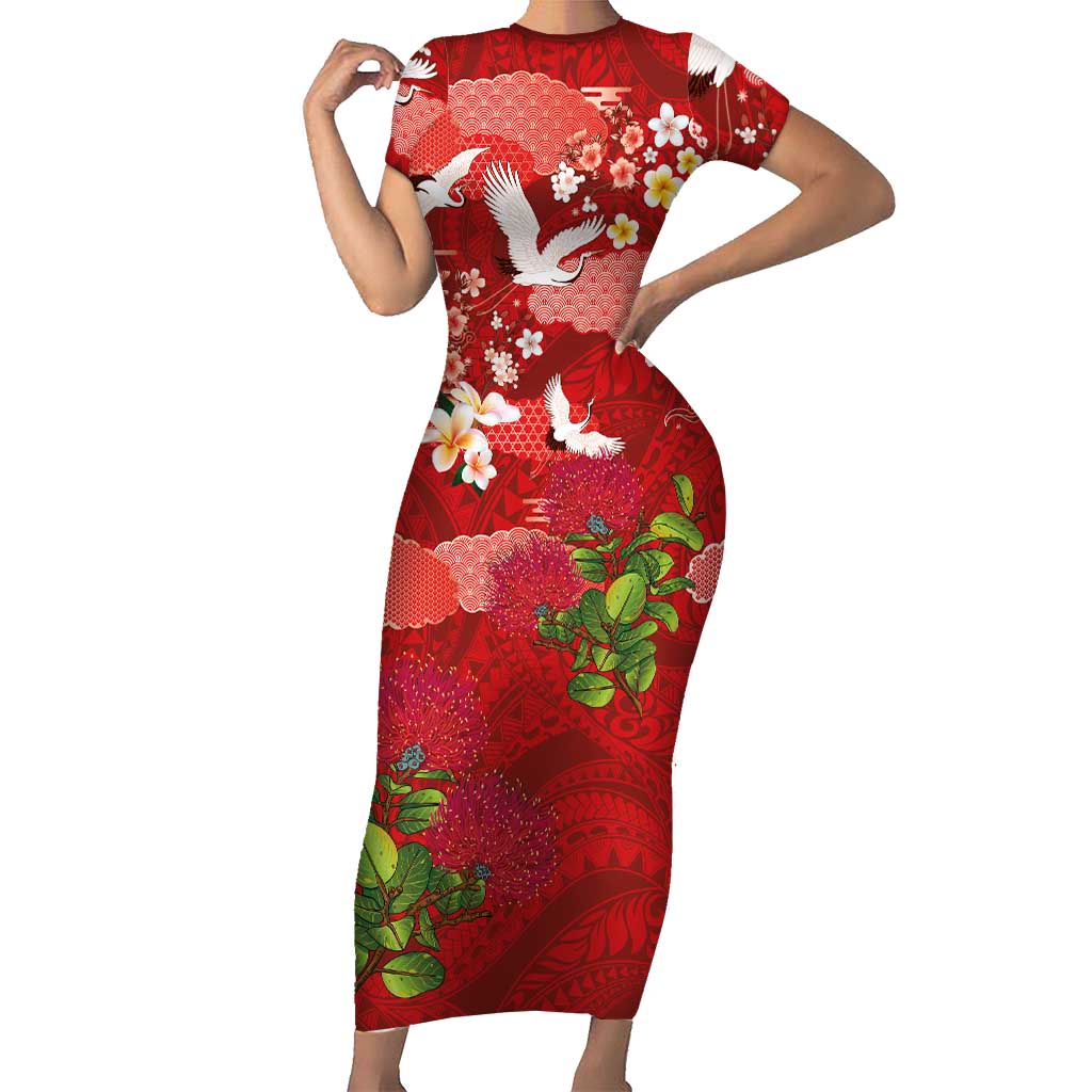 Hawaiian and Japanese Culture Together Short Sleeve Bodycon Dress Red Ohia Lehua Plumeria and Sakura Blooming LT03 Long Dress Red - Polynesian Pride