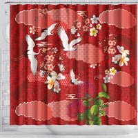 Hawaiian and Japanese Culture Together Shower Curtain Red Ohia Lehua Plumeria and Sakura Blooming LT03 - Polynesian Pride