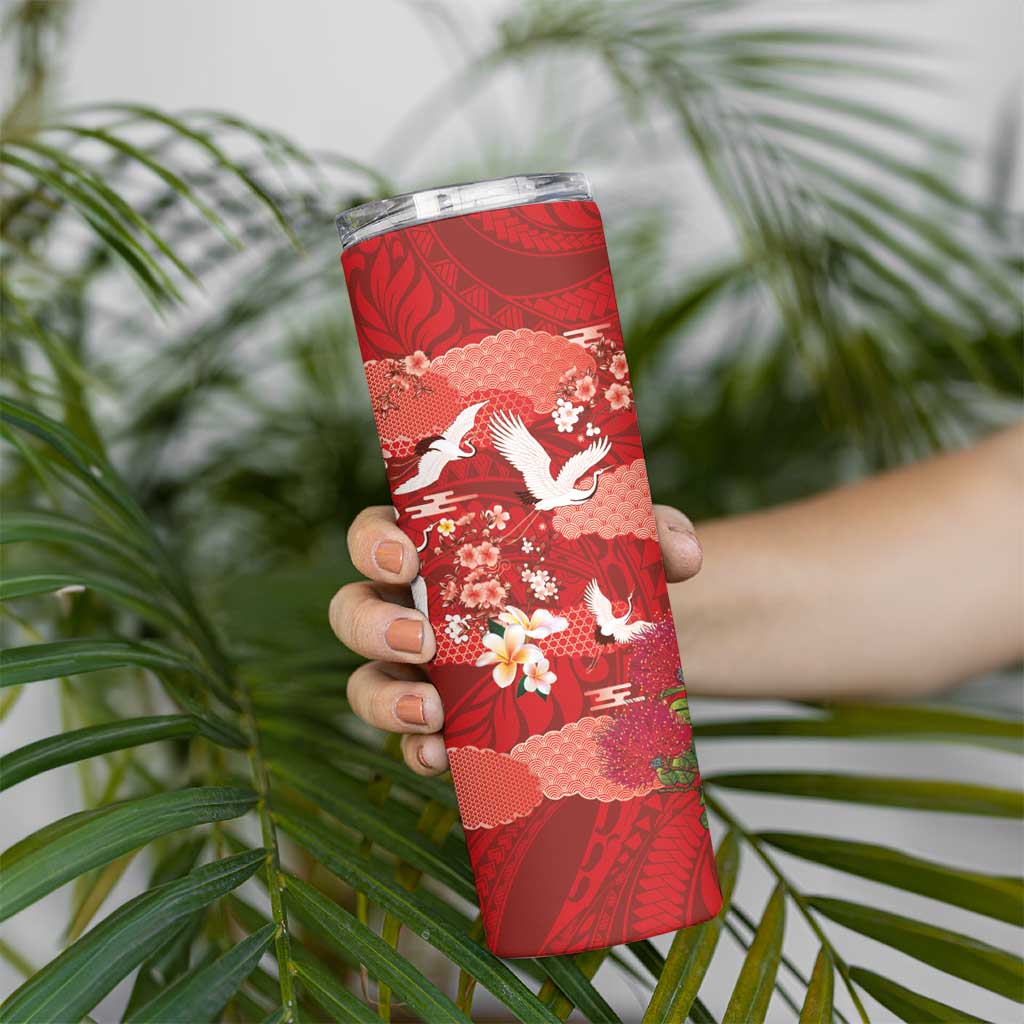 Hawaiian and Japanese Culture Together Skinny Tumbler Red Ohia Lehua Plumeria and Sakura Blooming LT03 - Polynesian Pride