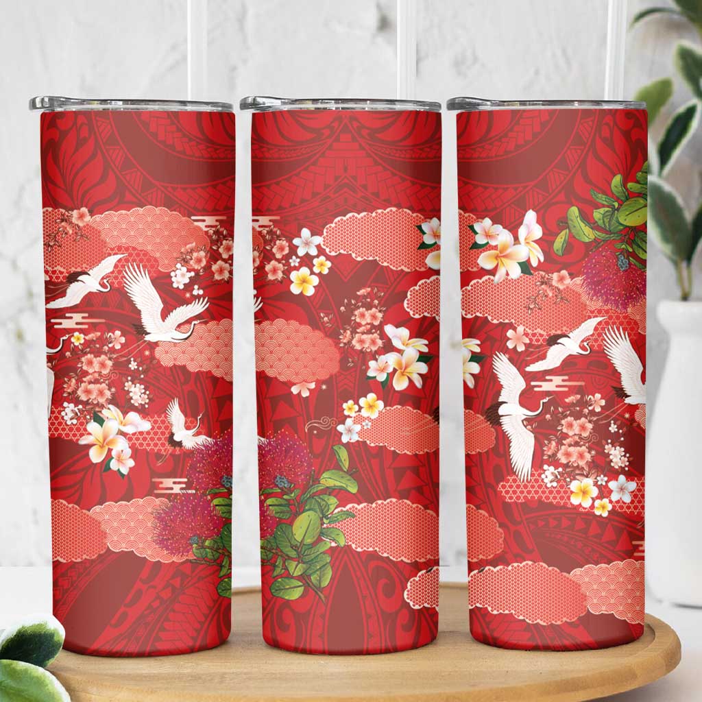 Hawaiian and Japanese Culture Together Skinny Tumbler Red Ohia Lehua Plumeria and Sakura Blooming LT03 - Polynesian Pride