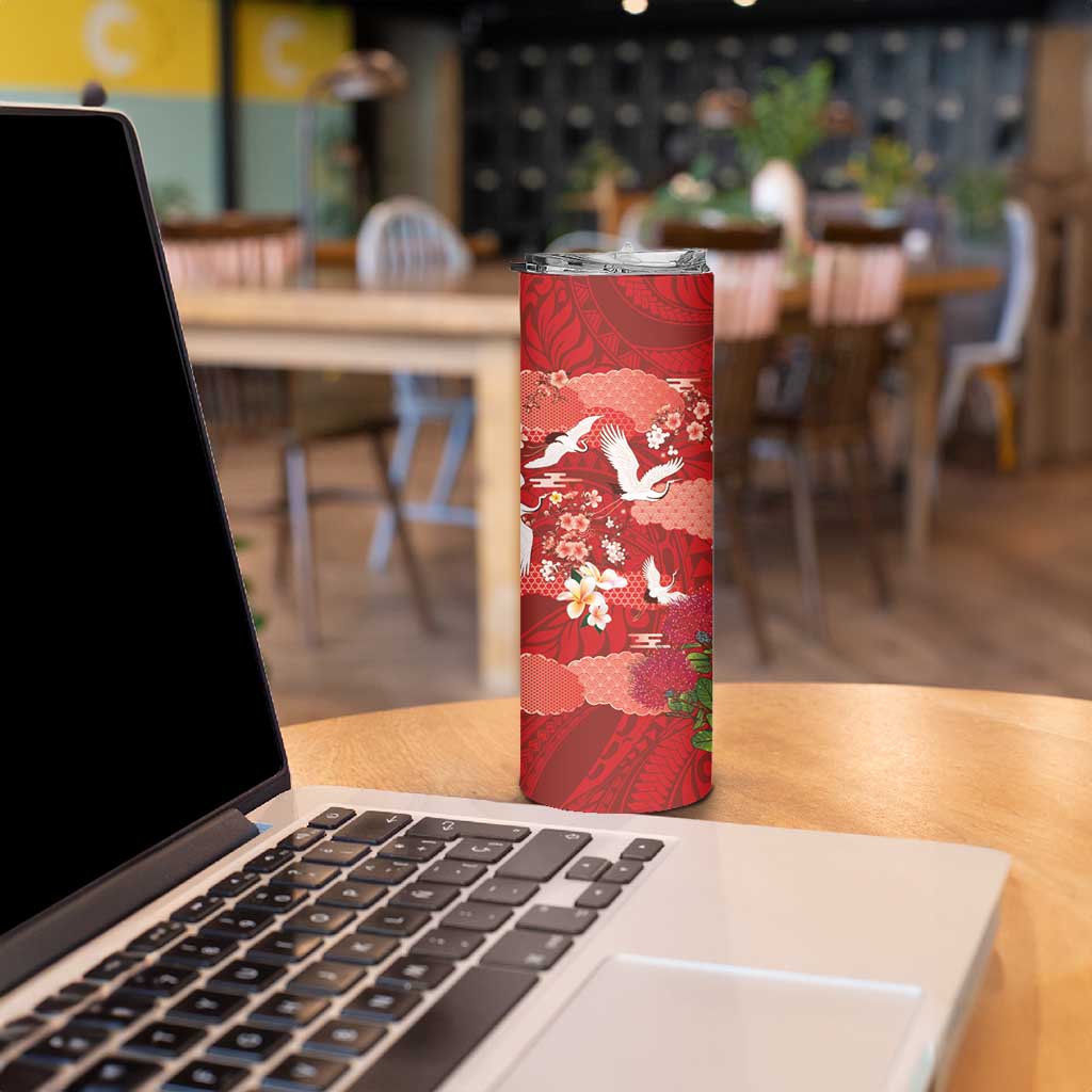 Hawaiian and Japanese Culture Together Skinny Tumbler Red Ohia Lehua Plumeria and Sakura Blooming LT03 - Polynesian Pride