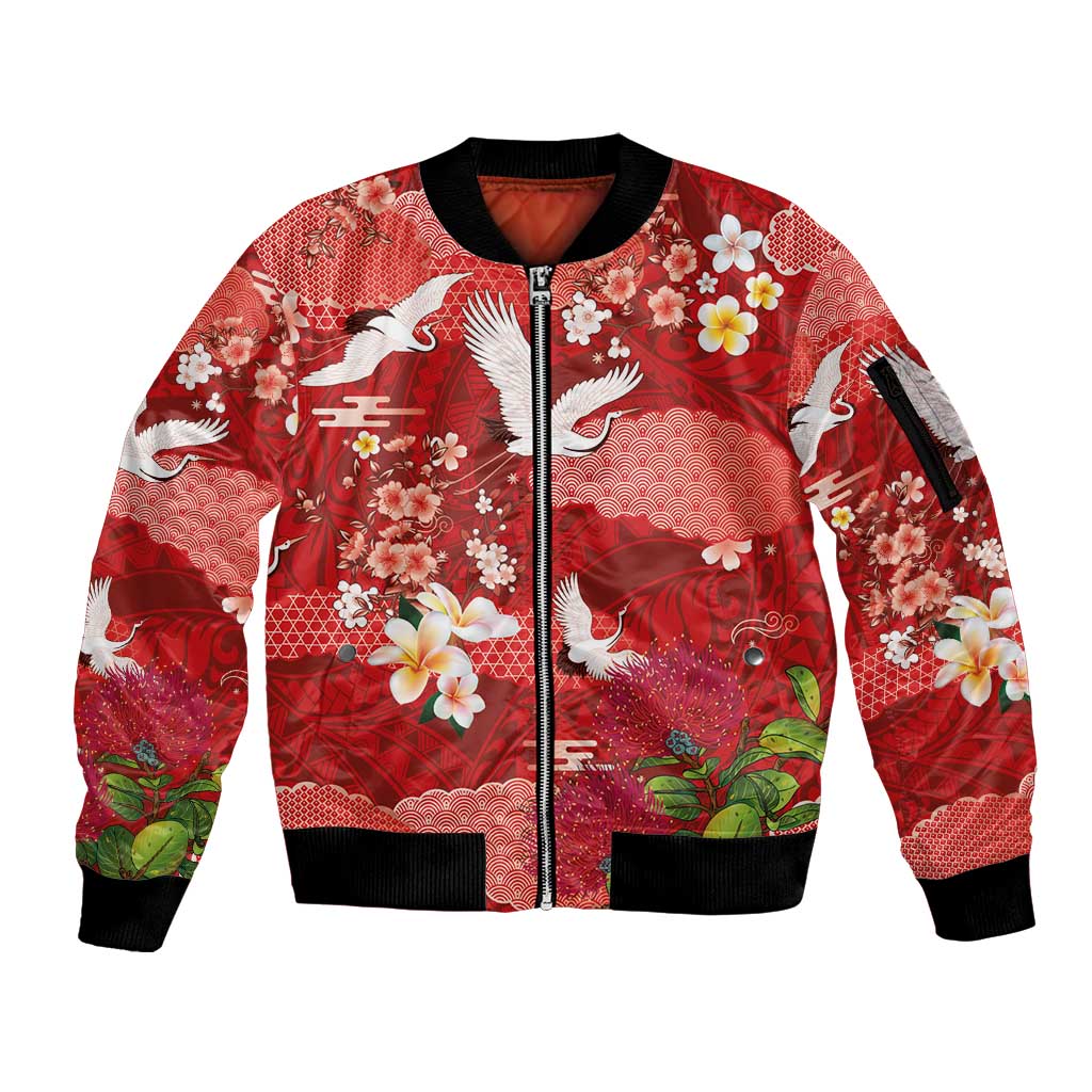 Hawaiian and Japanese Culture Together Sleeve Zip Bomber Jacket Red Ohia Lehua Plumeria and Sakura Blooming LT03 Unisex Red - Polynesian Pride