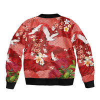 Hawaiian and Japanese Culture Together Sleeve Zip Bomber Jacket Red Ohia Lehua Plumeria and Sakura Blooming LT03 - Polynesian Pride