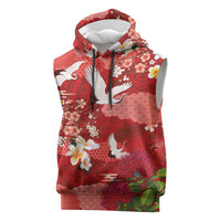 Hawaiian and Japanese Culture Together Sleeveless Hoodie Red Ohia Lehua Plumeria and Sakura Blooming LT03 Red - Polynesian Pride