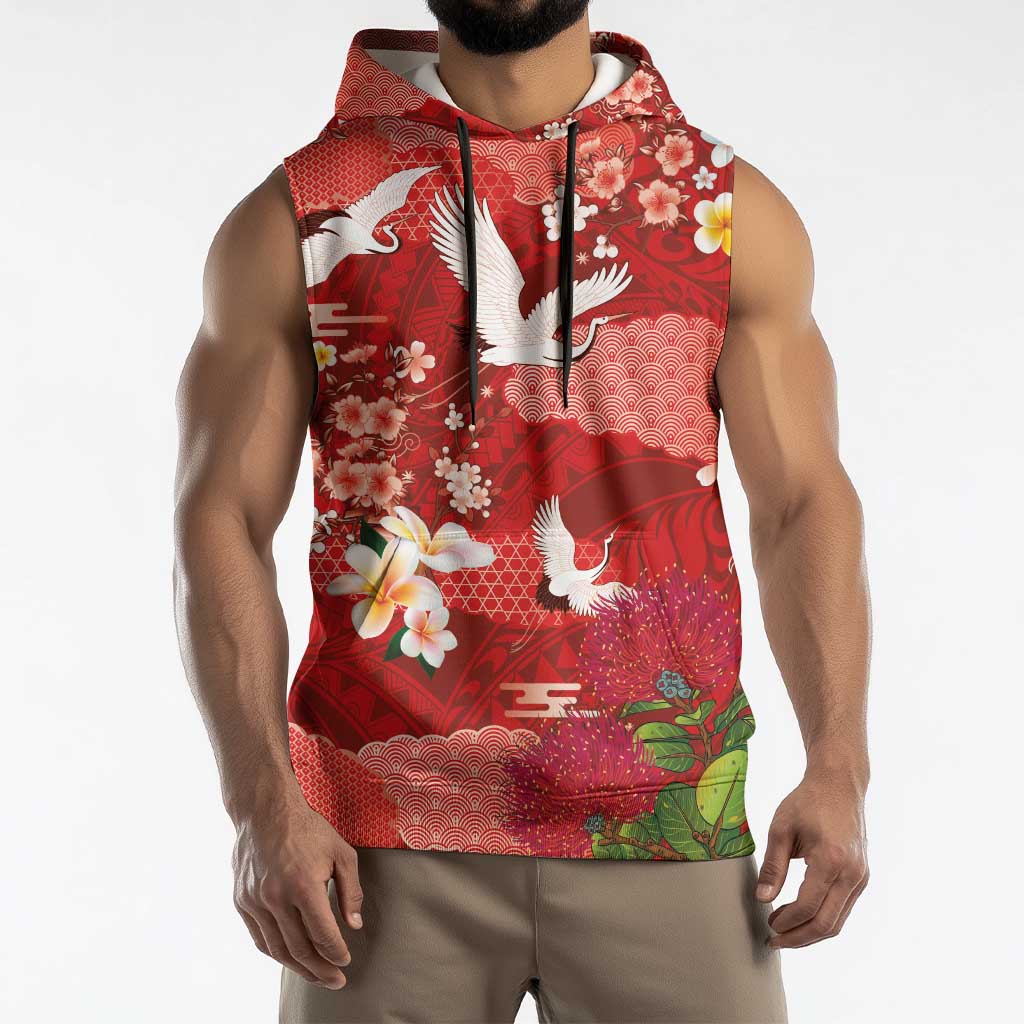 Hawaiian and Japanese Culture Together Sleeveless Hoodie Red Ohia Lehua Plumeria and Sakura Blooming LT03 - Polynesian Pride