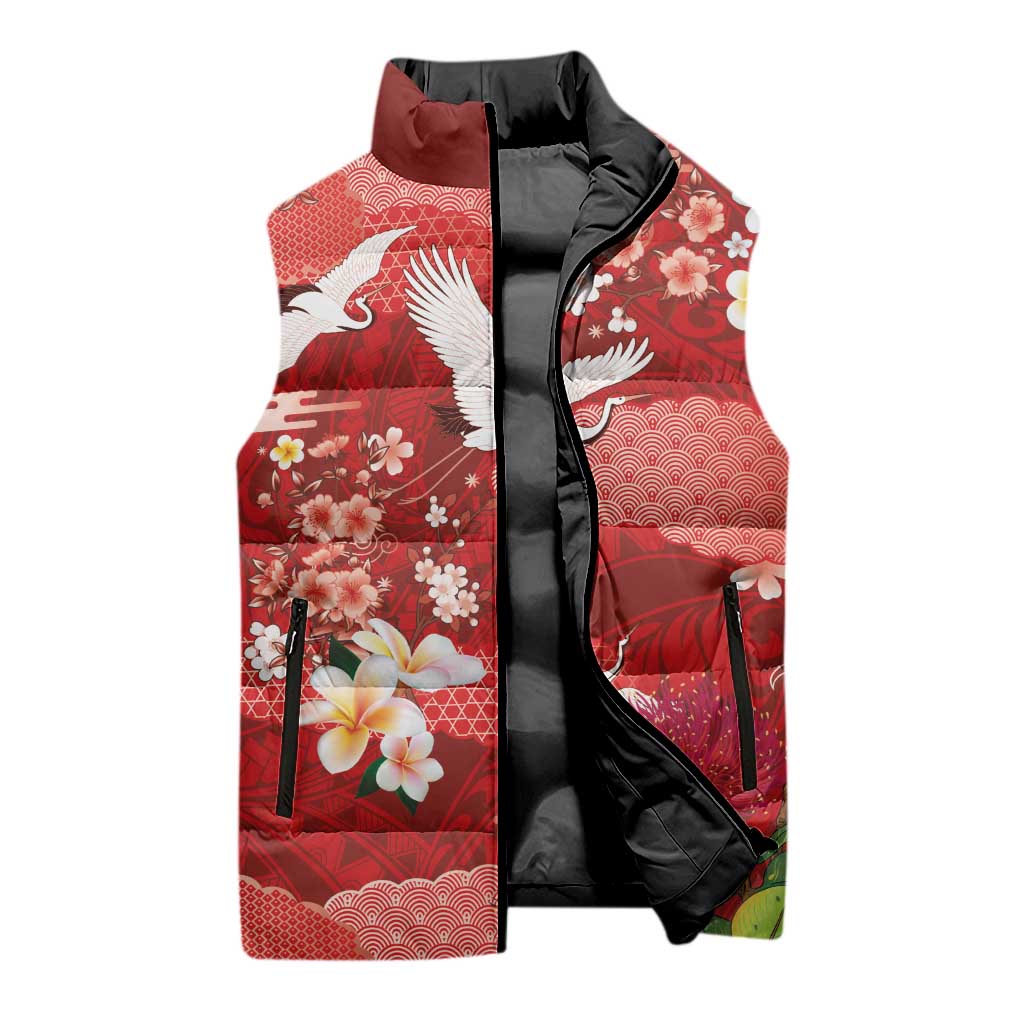 Hawaiian and Japanese Culture Together Sleeveless Puffer Jacket Red Ohia Lehua Plumeria and Sakura Blooming LT03 - Polynesian Pride