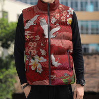 Hawaiian and Japanese Culture Together Sleeveless Puffer Jacket Red Ohia Lehua Plumeria and Sakura Blooming LT03 - Polynesian Pride