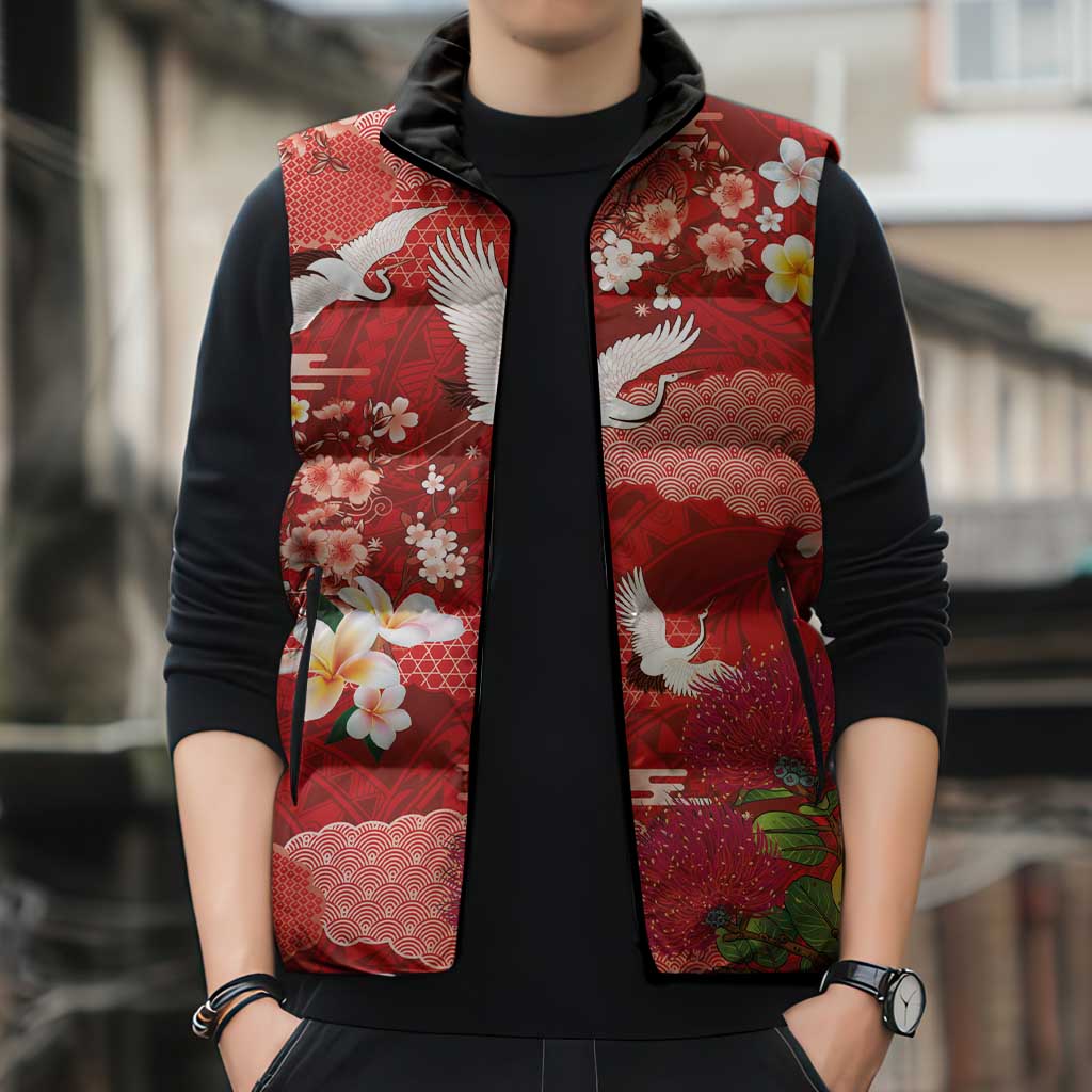 Hawaiian and Japanese Culture Together Sleeveless Puffer Jacket Red Ohia Lehua Plumeria and Sakura Blooming LT03 - Polynesian Pride