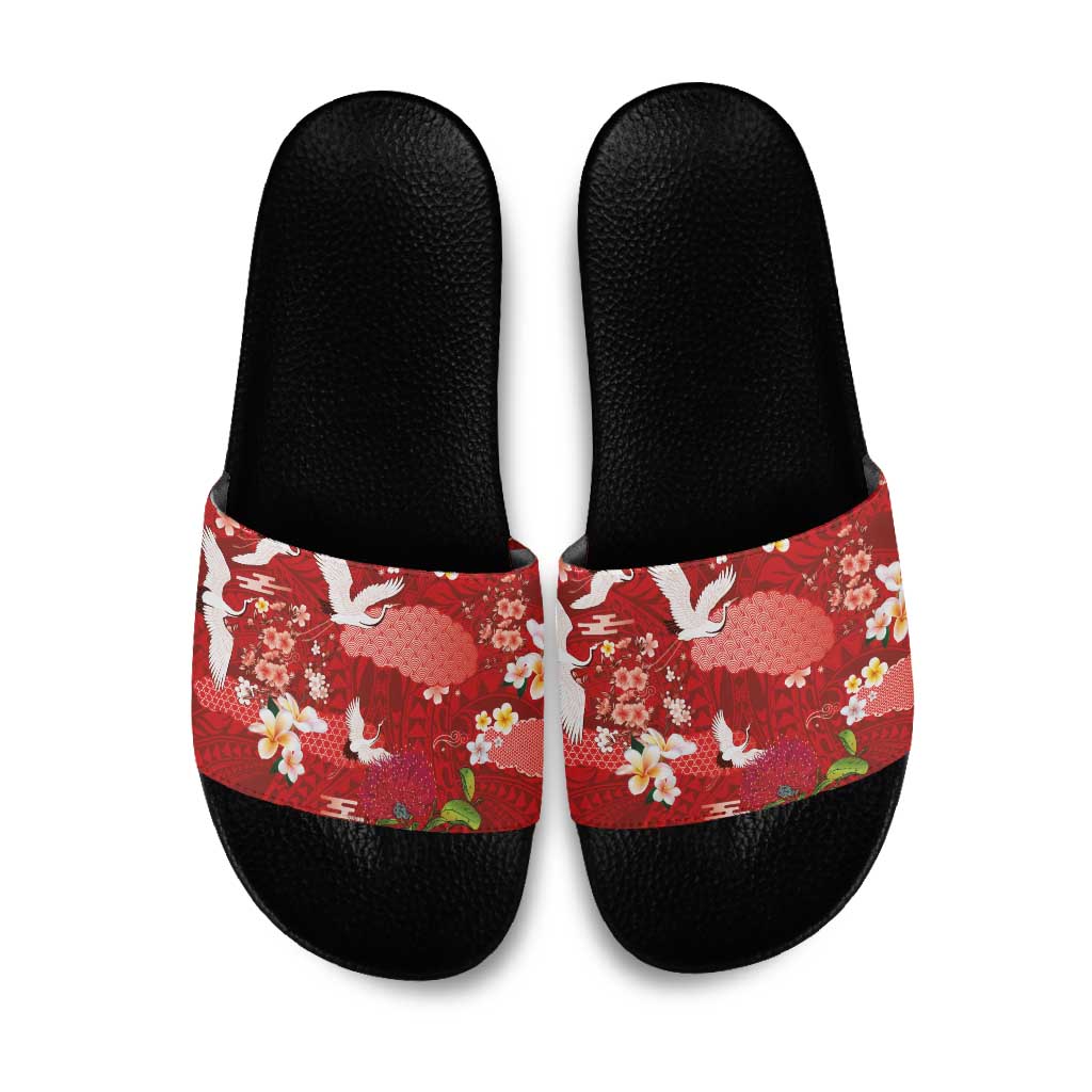 Hawaiian and Japanese Culture Together Slide Sandals Red Ohia Lehua Plumeria and Sakura Blooming LT03 Red - Polynesian Pride