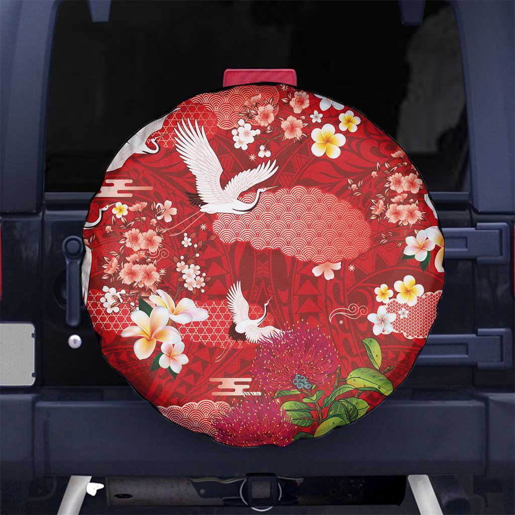 Hawaiian and Japanese Culture Together Spare Tire Cover Red Ohia Lehua Plumeria and Sakura Blooming LT03 No hole Red - Polynesian Pride