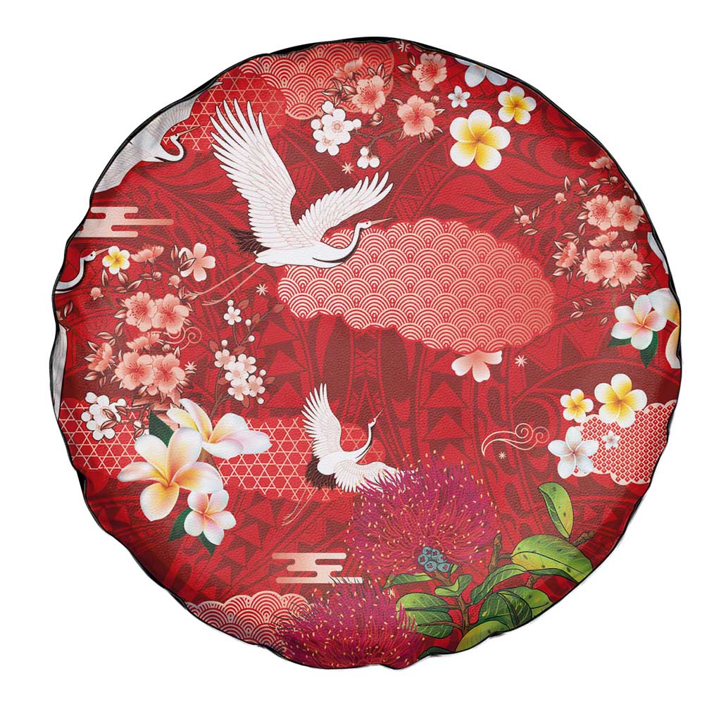 Hawaiian and Japanese Culture Together Spare Tire Cover Red Ohia Lehua Plumeria and Sakura Blooming LT03 - Polynesian Pride