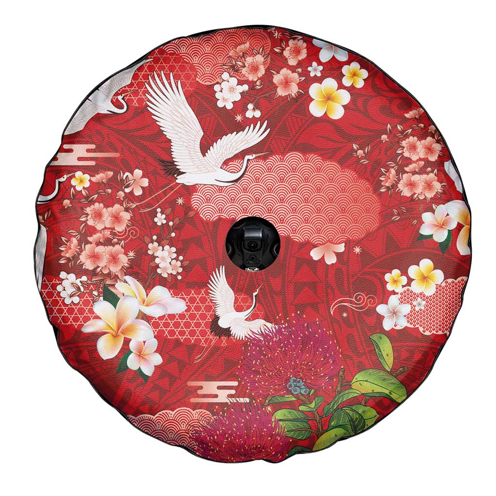 Hawaiian and Japanese Culture Together Spare Tire Cover Red Ohia Lehua Plumeria and Sakura Blooming LT03 - Polynesian Pride