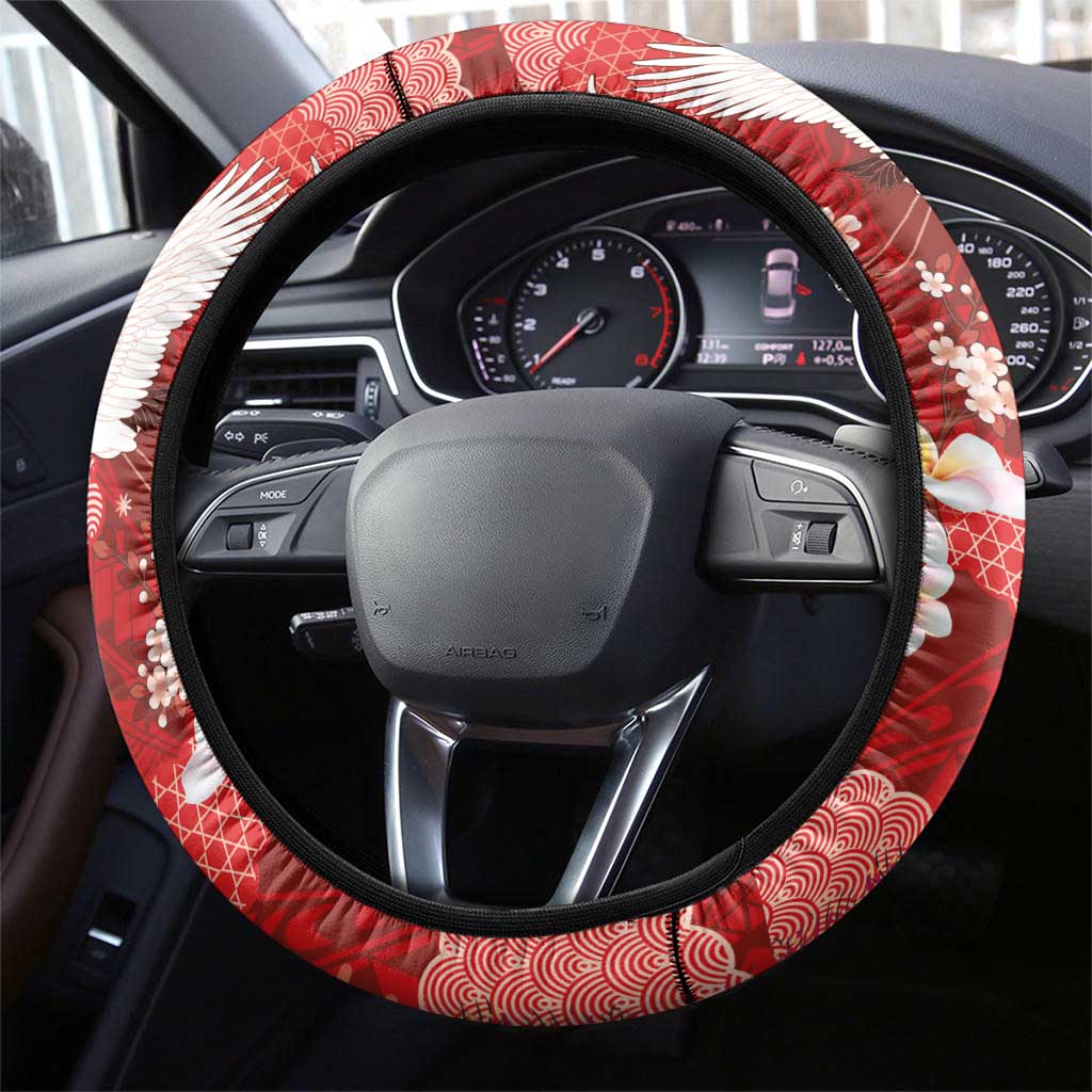 Hawaiian and Japanese Culture Together Steering Wheel Cover Red Ohia Lehua Plumeria and Sakura Blooming LT03 - Polynesian Pride