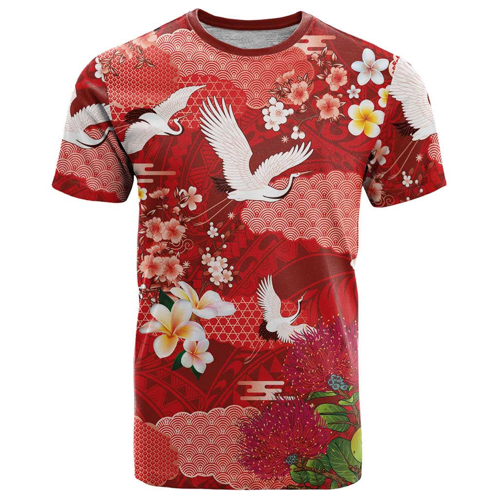 Hawaiian and Japanese Culture Together T Shirt Red Ohia Lehua Plumeria and Sakura Blooming LT03 Red - Polynesian Pride