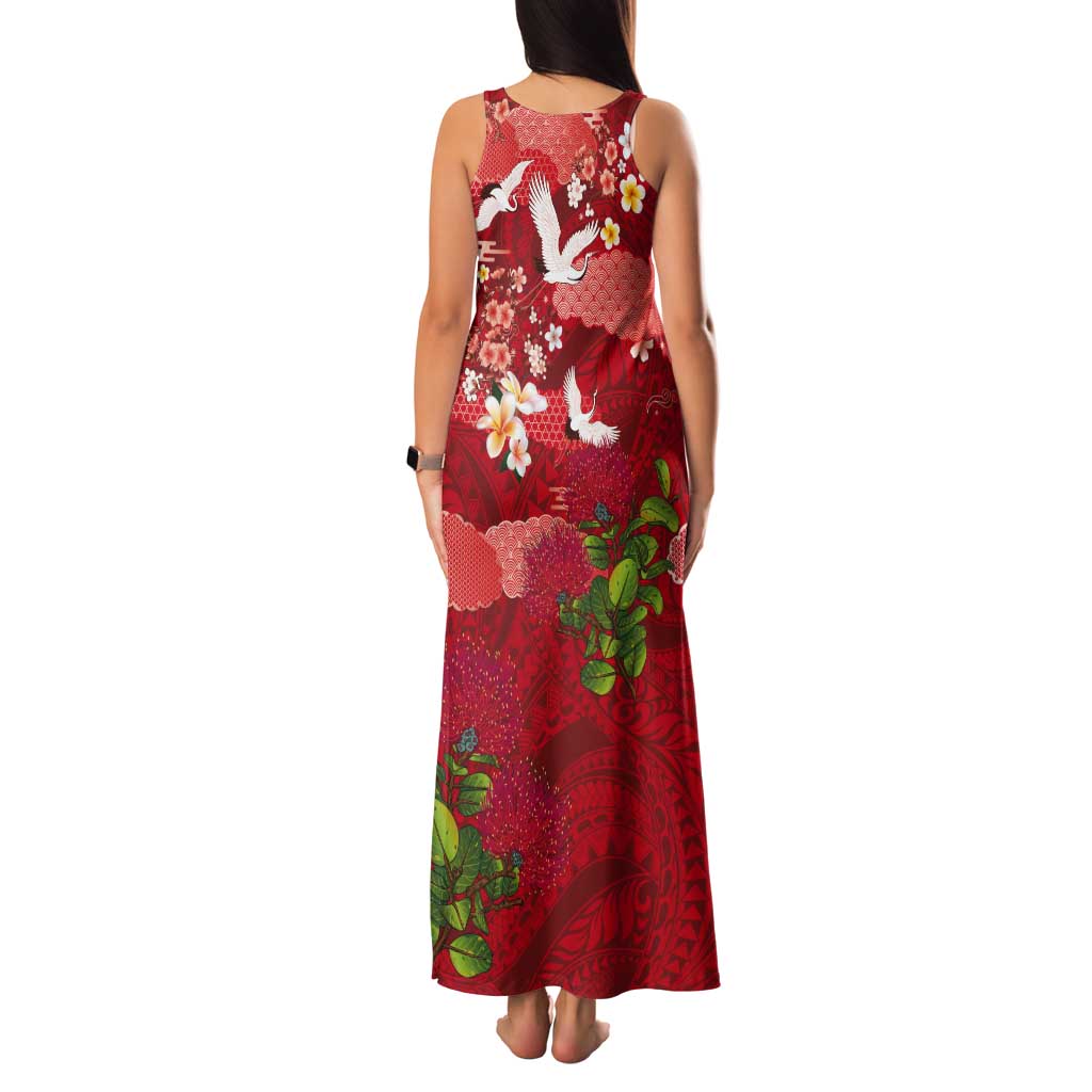 Hawaiian and Japanese Culture Together Tank Maxi Dress Red Ohia Lehua Plumeria and Sakura Blooming LT03 - Polynesian Pride
