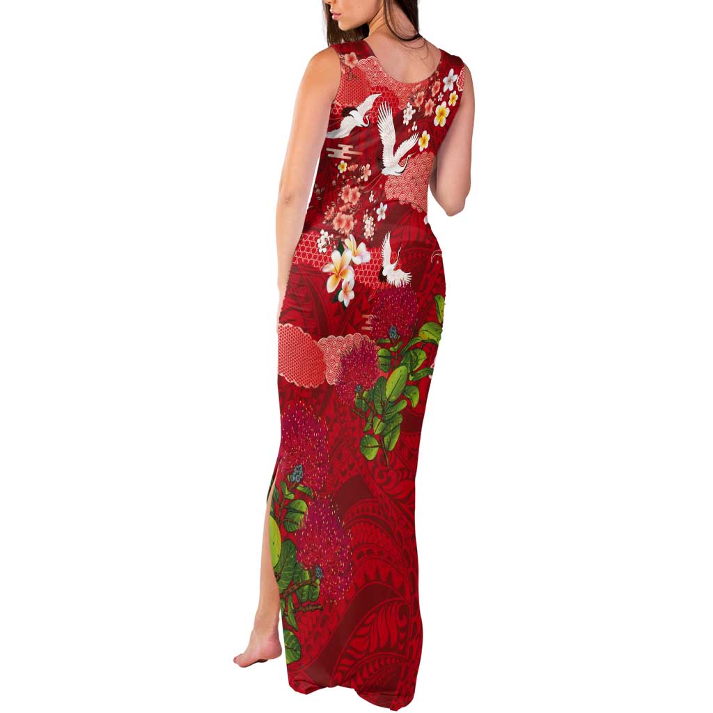 Hawaiian and Japanese Culture Together Tank Maxi Dress Red Ohia Lehua Plumeria and Sakura Blooming LT03 - Polynesian Pride