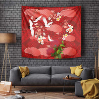 Hawaiian and Japanese Culture Together Tapestry Red Ohia Lehua Plumeria and Sakura Blooming LT03 Red - Polynesian Pride