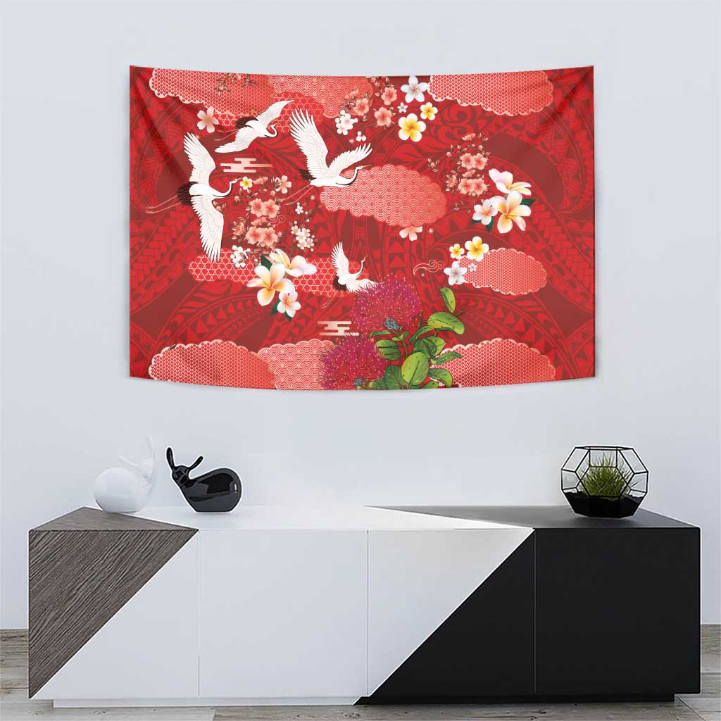 Hawaiian and Japanese Culture Together Tapestry Red Ohia Lehua Plumeria and Sakura Blooming LT03 - Polynesian Pride