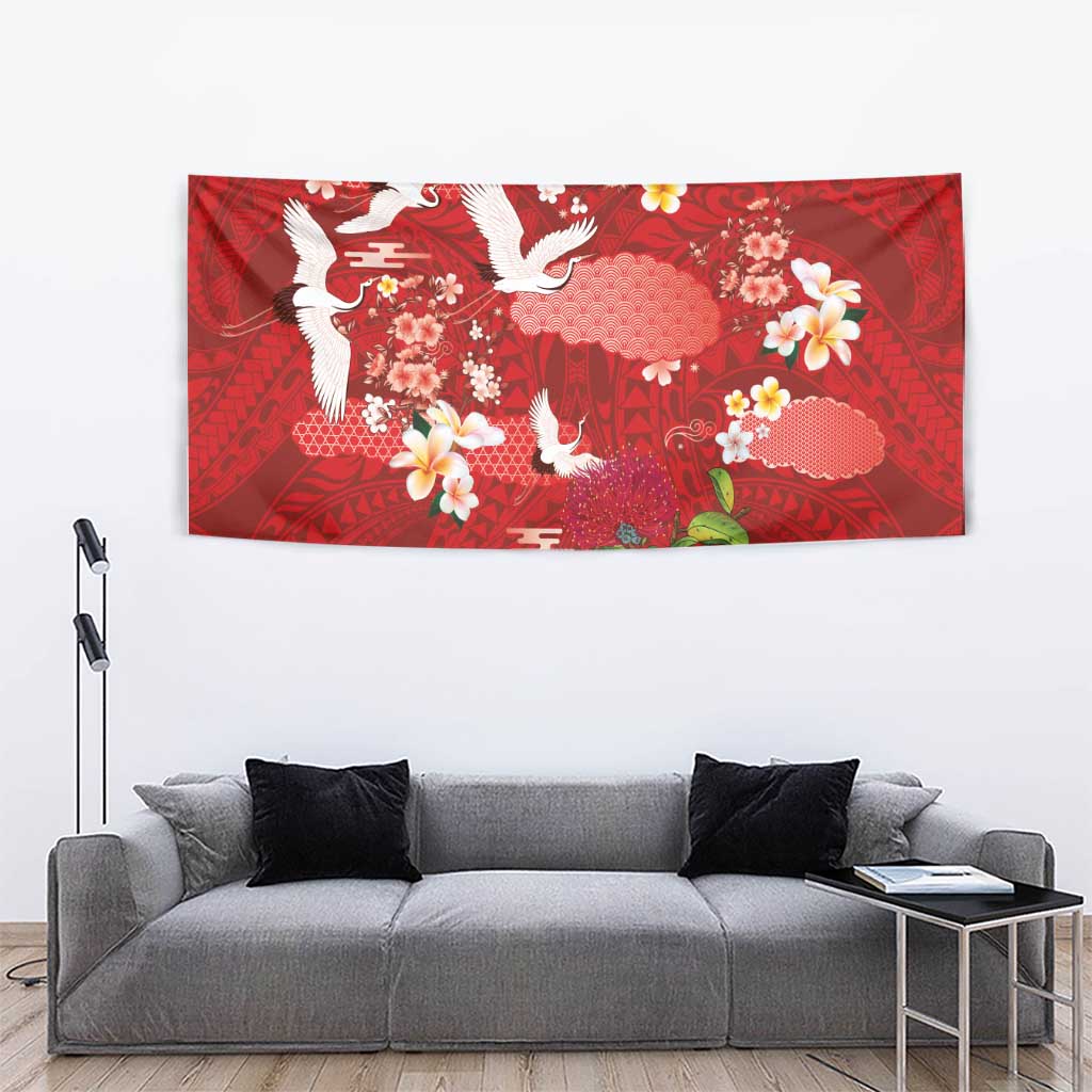 Hawaiian and Japanese Culture Together Tapestry Red Ohia Lehua Plumeria and Sakura Blooming LT03 - Polynesian Pride