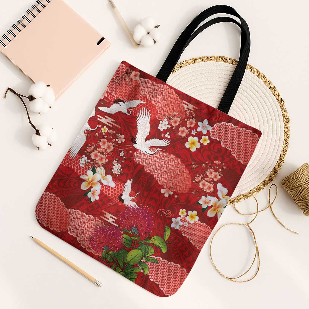 Hawaiian and Japanese Culture Together Tote Bag Red Ohia Lehua Plumeria and Sakura Blooming - Polynesian Pride