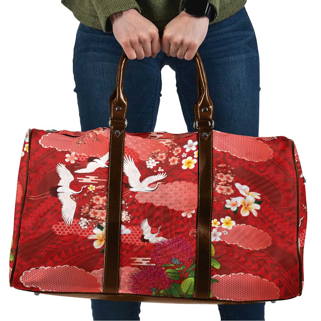 Hawaiian and Japanese Culture Together Travel Bag Red Ohia Lehua Plumeria and Sakura Blooming LT03 Red - Polynesian Pride