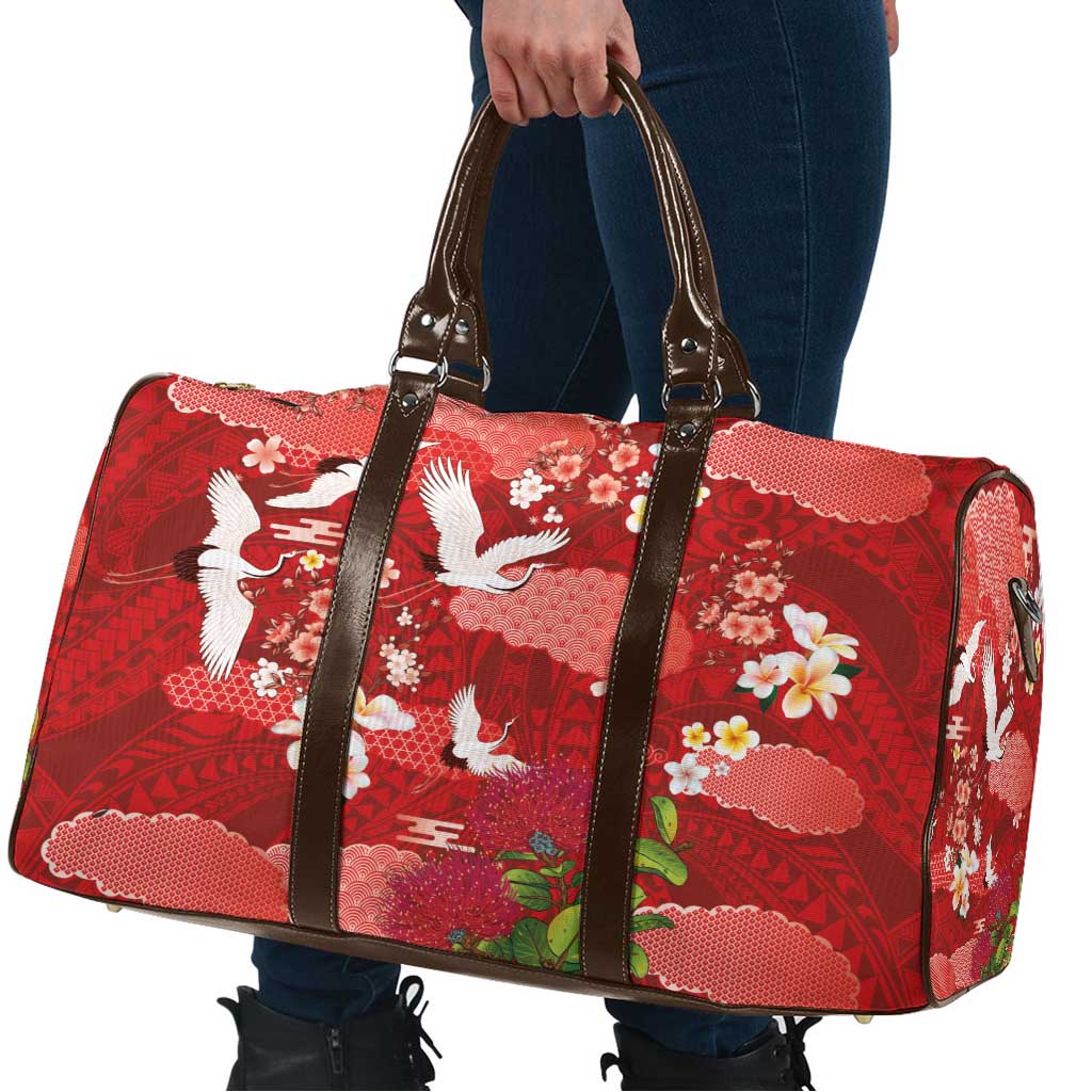 Hawaiian and Japanese Culture Together Travel Bag Red Ohia Lehua Plumeria and Sakura Blooming LT03 - Polynesian Pride
