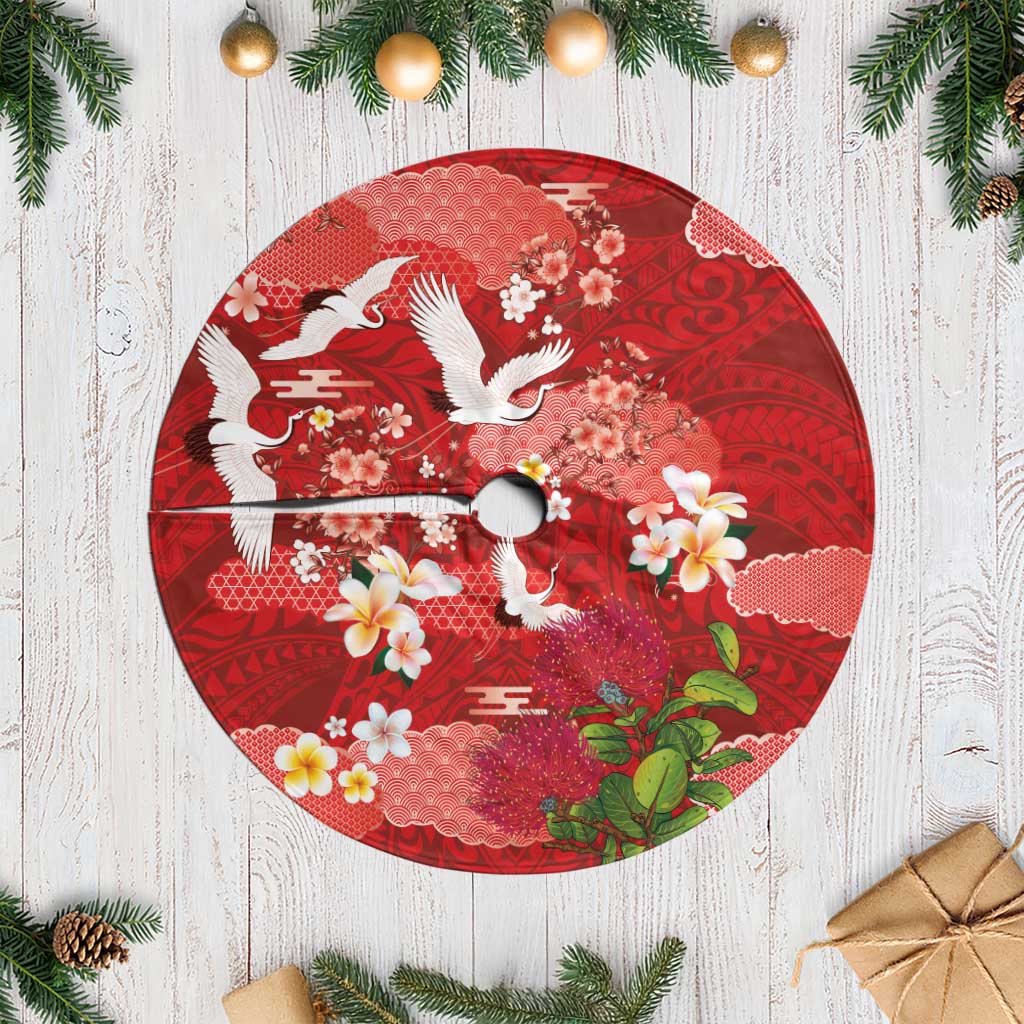 Hawaiian and Japanese Culture Together Tree Skirt Red Ohia Lehua Plumeria and Sakura Blooming LT03 Casual Red - Polynesian Pride