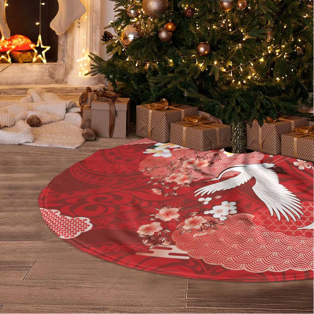 Hawaiian and Japanese Culture Together Tree Skirt Red Ohia Lehua Plumeria and Sakura Blooming LT03 - Polynesian Pride