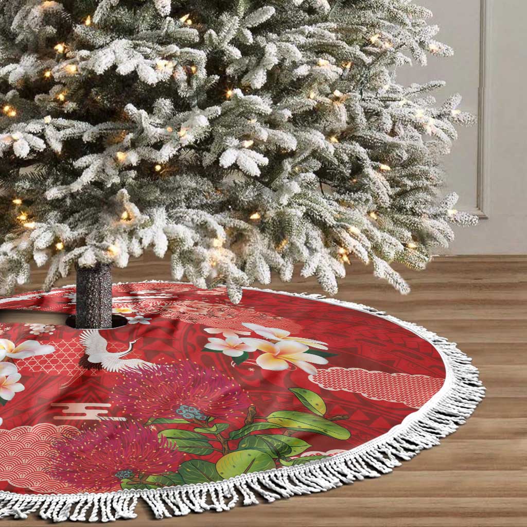 Hawaiian and Japanese Culture Together Tree Skirt Red Ohia Lehua Plumeria and Sakura Blooming LT03 - Polynesian Pride