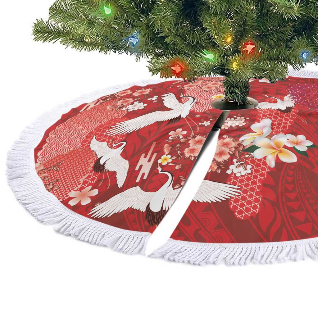 Hawaiian and Japanese Culture Together Tree Skirt Red Ohia Lehua Plumeria and Sakura Blooming LT03 - Polynesian Pride