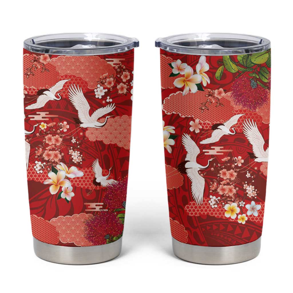 Hawaiian and Japanese Culture Together Tumbler Cup Red Ohia Lehua Plumeria and Sakura Blooming LT03 Red - Polynesian Pride