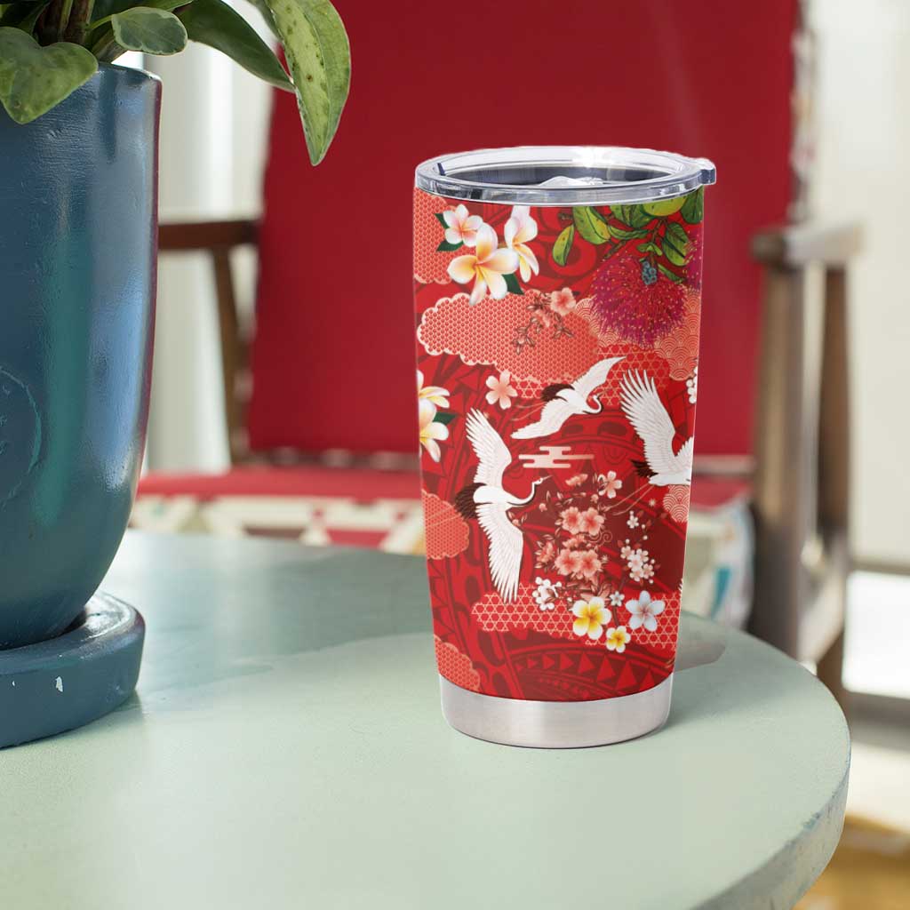 Hawaiian and Japanese Culture Together Tumbler Cup Red Ohia Lehua Plumeria and Sakura Blooming LT03 - Polynesian Pride
