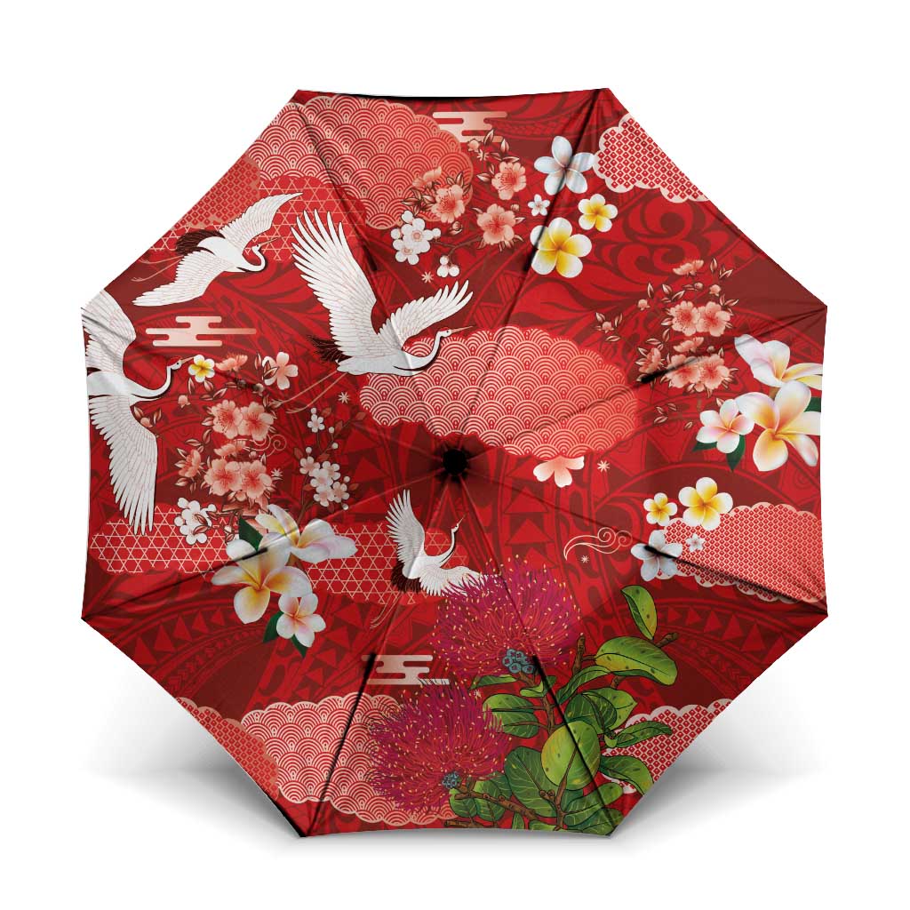 Hawaiian and Japanese Culture Together Umbrella Red Ohia Lehua Plumeria and Sakura Blooming LT03 One Size Folded 11.42 inch Opened Diameter 37.4 inch Red - Polynesian Pride