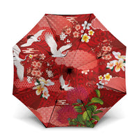 Hawaiian and Japanese Culture Together Umbrella Red Ohia Lehua Plumeria and Sakura Blooming LT03 One Size Folded 11.42 inch Opened Diameter 37.4 inch Red - Polynesian Pride