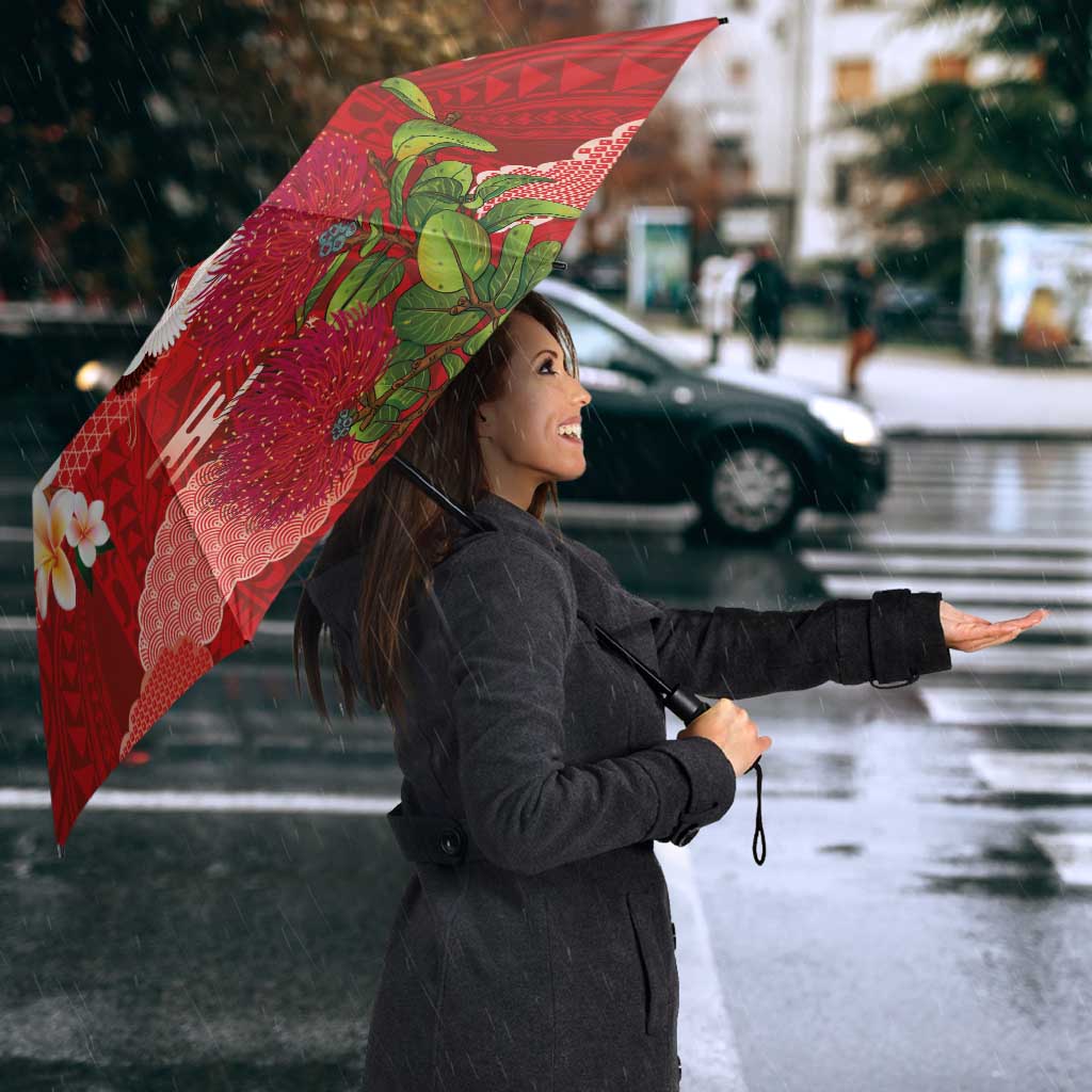 Hawaiian and Japanese Culture Together Umbrella Red Ohia Lehua Plumeria and Sakura Blooming LT03 - Polynesian Pride