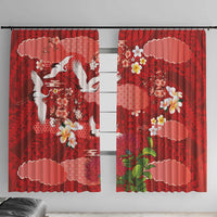 Hawaiian and Japanese Culture Together Window Curtain Red Ohia Lehua Plumeria and Sakura Blooming LT03 With Hooks Red - Polynesian Pride